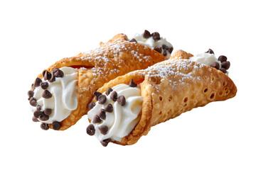 Two classic Sicilian cannoli on a plate. Crispy fried pastry shells are filled with a sweet, creamy ricotta and dotted with mini chocolate chips.