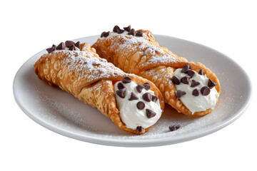 Two classic Sicilian cannoli on a plate. Crispy fried pastry shells are filled with a sweet, creamy ricotta and dotted with mini chocolate chips.