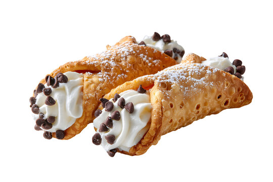Two classic Sicilian cannoli on a plate. Crispy fried pastry shells are filled with a sweet, creamy ricotta and dotted with mini chocolate chips.