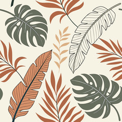 Tropical leaves pattern shows monstera and palm shapes in autumn hues against a light background