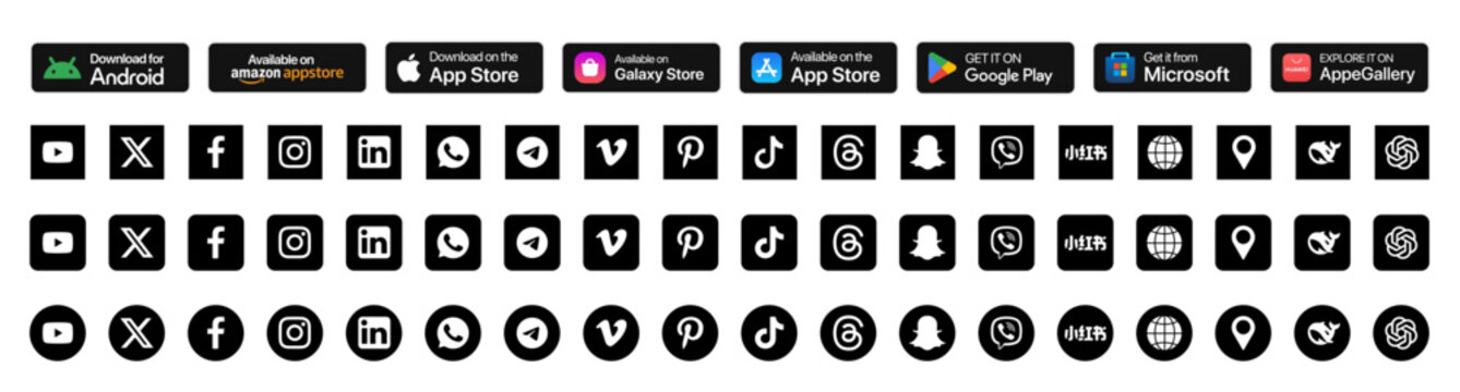 Popular social media and contact icons set. Facebook, Instagram, LinkedIn, Threads, Messenger, TikTok, Pinterest plus Apple Store, Google Play, Microsoft Store app download labels
