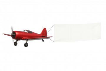 Red airplane is pulling a white advertising banner on transparent background, creating a perfect template for aerial marketing campaigns