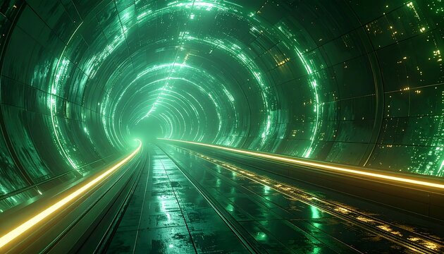 Futuristic green tunnel interior with glowing lights; perspective toward distant light - Powered by Adobe