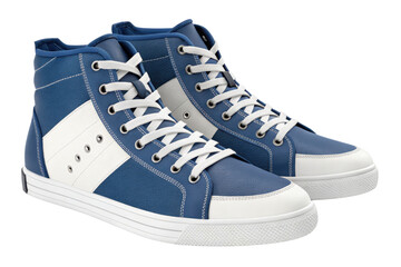 Blue high top sneaker with white stripe and laces, featuring metal eyelets and textured sole, designed for casual and sporty wear with modern style