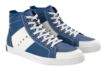 Blue high top sneaker with white stripe and laces, featuring metal eyelets and textured sole, designed for casual and sporty wear with modern style