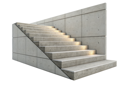 Concrete stair with wall and soft lighting, modern architectural design with clean lines and smooth surface, minimalistic style for urban or industrial space