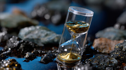 A classic hourglass set on a textured rock surface, filled with shimmering golden sand, reflecting the elegance and simplicity of time's passage in an artistic composition.