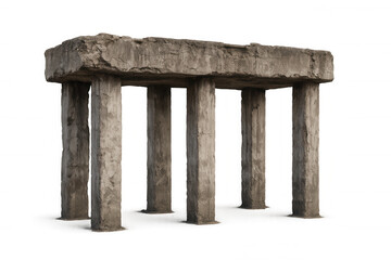 Weathered concrete slab balancing on deteriorating pillars, symbolizing structural decay against transparent backdrop