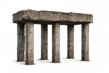 Weathered concrete slab balancing on deteriorating pillars, symbolizing structural decay against transparent backdrop