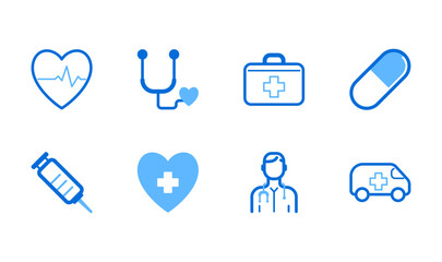 Healthcare icon vector set featuring medical symbols, health, care, heart, doctor, nurse, hospital, clinic, medicine, pill, vaccine, ambulance, stethoscope.
