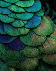 Obraz premium Close-up of vibrant peacock feathers. Layered, structured, and colorful plumage