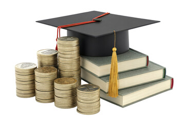 Graduation cap on stack of books with piles of coins symbolizing education cost and financial investment for learning success