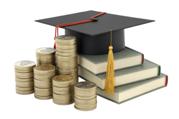 Graduation cap on stack of books with piles of coins symbolizing education cost and financial investment for learning success