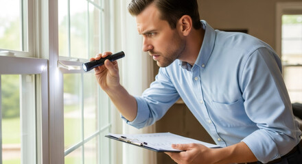Man pest control specialist inspecting window with flashlight for insects. Home protection and prevention from pests.