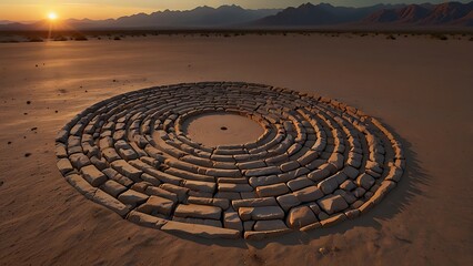 Stone spiral pattern on desert ground with dramatic sunset and mountains.