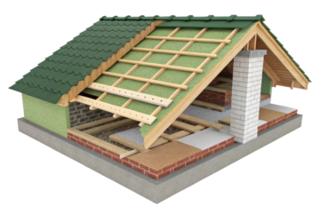Roof construction with green tiles and wooden framework showing insulation and chimney structure in detailed architectural model for building design and home improvement projects