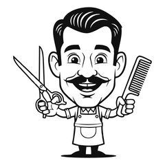 Happy Barber Holding Scissors and Comb.