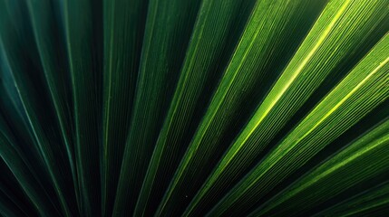 Close-up of vibrant green palm fronds, radiating lines