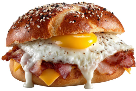 Savory breakfast sandwich featuring crispy bacon, melted cheese, sunny-side-up egg, and sesame seed bun with delicious flavors for morning cravings