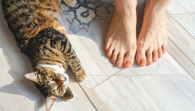 A tabby cat lies on a light wood floor beside a pair of feet with light brown nails.