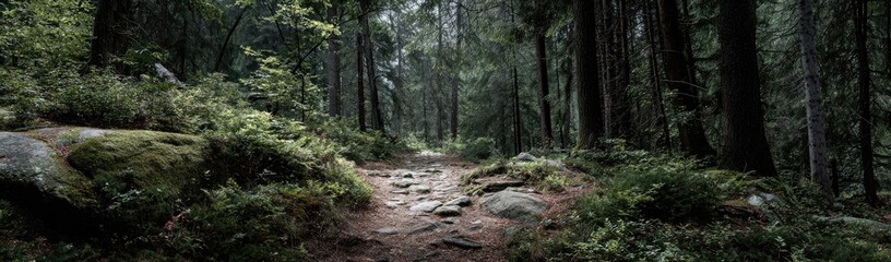Fototapeta premium Misty forest path winds through dense woods. Rocks and moss cover the ground