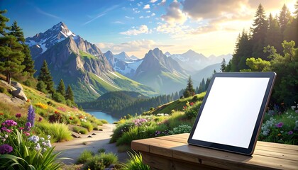 A tablet computer rests on a wooden table, showcasing a serene alpine landscape with vibrant wildflowers and snow-capped mountains.