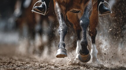 Close-up of galloping horses' hooves kicking up dust in an outdoor arena during a sunny day