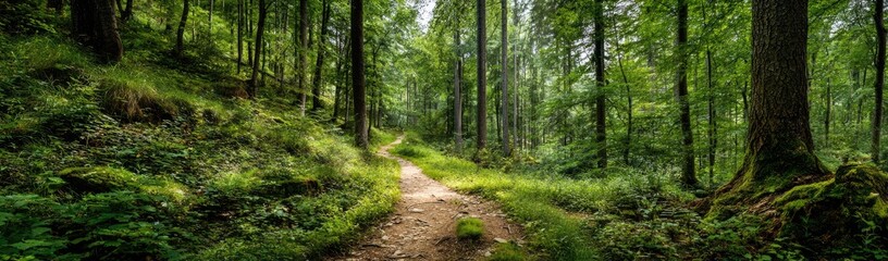 Fototapeta premium Lush forest path winds through verdant trees