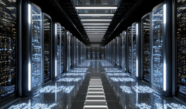 Dark, futuristic server room, lined with glowing server racks