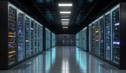 Dark server room, illuminated by glowing tech