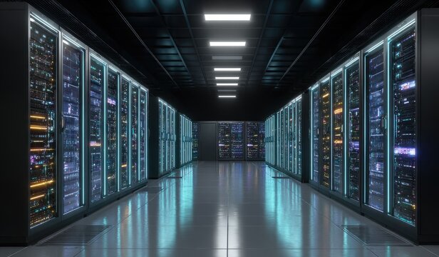 Dark server room, illuminated by glowing tech