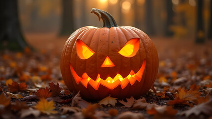 Glowing jack-o’-lantern pumpkin with a carved face, surrounded by autumn leaves and warm house lights, creating a festive Halloween atmosphere. Perfect for seasonal and holiday themes 