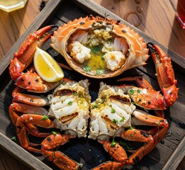grilled crab on a wooden tray