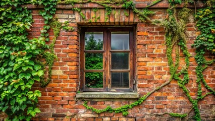 Fototapeta premium Weathered old window in a brick wall with vines and moss