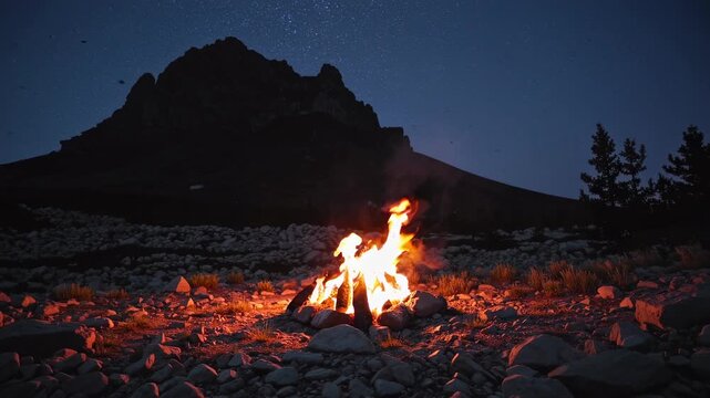 A low-angle video captures a campfire under a starry night sky, set against a mountainous backdrop, creating a serene and adventurous atmosphere.