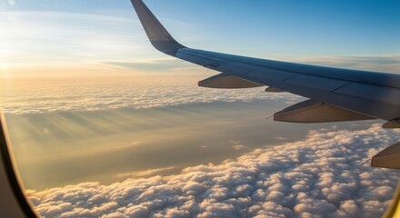 Obraz premium Airplane wing above clouds during sunrise: aerial travel scenery
