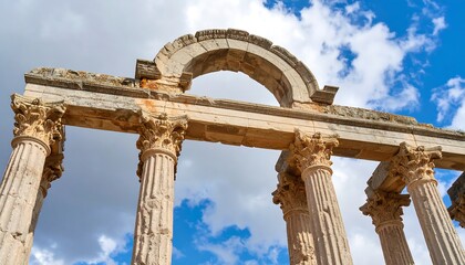 Ancient stone pillars and arch against a cloudy sky