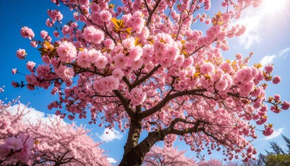 Blooming cherry blossoms under a vibrant blue sky