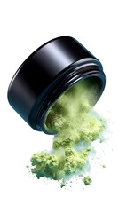 Light green powder spilling dynamically from a tilted glossy black cosmetic jar.