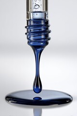 A close-up of a dark-blue liquid dripping from a clear bottle
