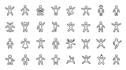 Naklejka premium Collection of 36 Minimalist Human Figure Icons in Various Poses