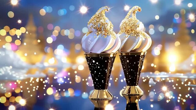 Exquisite ice cream cones with gold decoration and vibrant bokeh background create a magical dessert experience. Ice cream showcases elegant design and unique toppings,