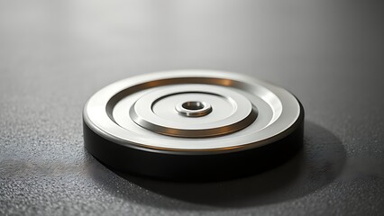 A single weight plate resting on a gym floor, showcasing metallic reflections and minimalistic design.
