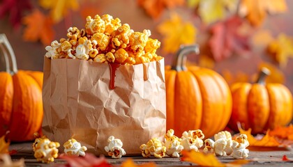 Caramel popcorn in a paper bag, autumnal background
