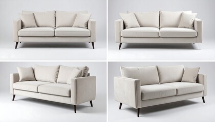 Four angled views of a light beige sofa
