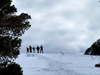 Silhouettes of five unrecognizable people snowshoeing on ridge of a hill in the distance on a cloudy, stormy day