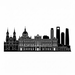 Obraz premium Black and white skyline silhouette featuring a cathedral, palace, and modern skyscrapers in the distance created with generative ai