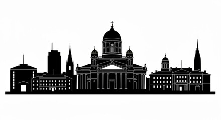 Naklejka premium Silhouette of helsinki skyline featuring prominent buildings and architectural landmarks in black and white created with generative ai