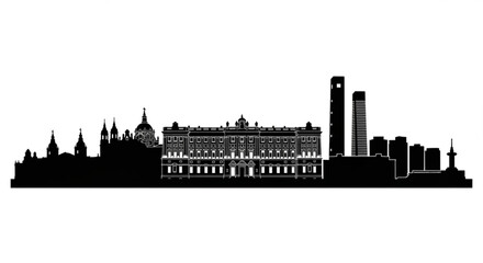 Fototapeta premium Silhouette depiction of a city skyline featuring various buildings and structures in a black and white view created with generative ai