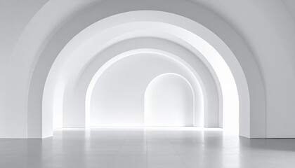 A minimalist white architectural interior with a series of glowing concentric arches creating a futuristic corridor.
